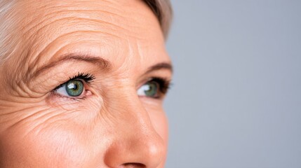 Presbyopia Woman concept Close-up of an elderly woman's face highlighting wrinkles and eyes.