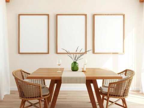 Three empty picture frames above a wooden dining table with chairs