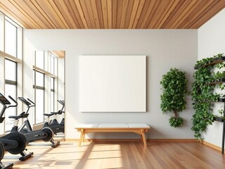 Modern gym interior with exercise equipment and blank canvas mockup