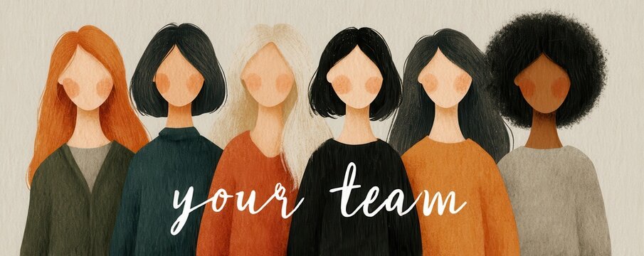 Diverse team of women in unity illustration with the words your team