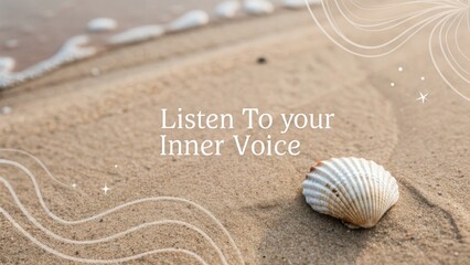 Inspiring beach scene with shell and text Listen To your Inner Voice