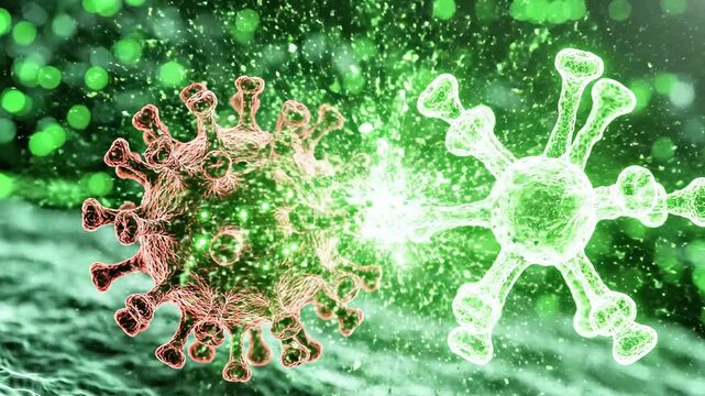 Two vivid virus-like particles drift through a neon green glow with spiked shells and glowing cores