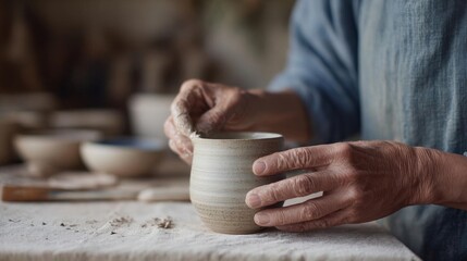Person's hands working on a pottery wheel. the person is wearing a blue shirt and is holding a small ceramic pot in their hands.