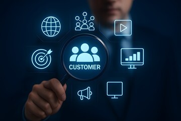 Marketer holding magnifying glass focusing on digital customer analytics icons