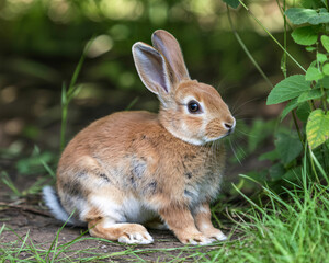 Fototapeta premium Adorable brown rabbit sitting peacefully among lush green foliage, perfect for springtime projects and nature-themed designs, evoking tranquility and charm