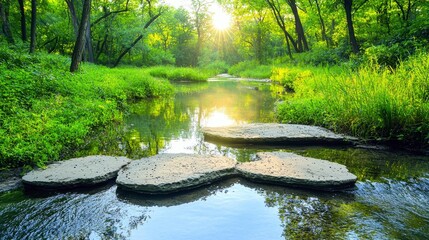 A serene forest scene with a shallow stream flowing over stepping stones, bathed in warm, golden sunlight filtering through the lush green trees.