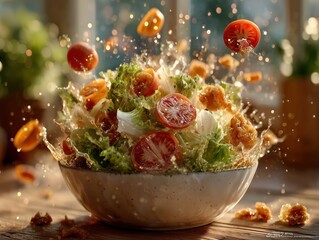 Fresh Salad with Dynamically Splashing Ingredients in White Bowl, Bright Kitchen Natural Lighting, Healthy Food Concept