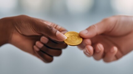 Two hands exchanging a gold coin, symbolizing transaction, value, or trust in financial dealings.