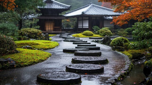 A winding path of stepping stones leads through a lush Japanese garden. Moss-covered ground and vibrant autumn leaves are visible, with traditional buildings in - Powered by Adobe