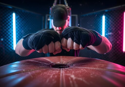 Boxer with wrapped hands ready to strike the heavy bag in a gym