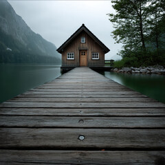 Obraz premium Wooden pier leads to cozy lakeside cabin surrounded by misty mountains and calm water, peaceful and serene atmosphere