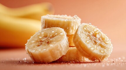 Fresh banana slices with water droplets, perfect for healthy eating and recipes