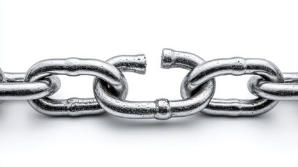 Obraz premium Broken chain links on white background, representing disconnection and failure