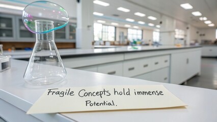 Laboratory setting with glassware and a handwritten concept message