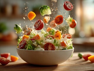 Fresh Salad with Dynamically Splashing Ingredients in White Bowl, Bright Kitchen Natural Lighting, Healthy Food