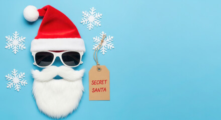 Festive Santa face with sunglasses, red hat, and snowflakes on blue background, representing the fun and mystery of Secret Santa gift exchange