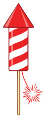 Red and white striped firework rocket with a lit fuse sparking, ready to launch for a celebration. Vector illustration.