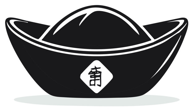 Black and white illustration of ancient Chinese gold ingot with symbol