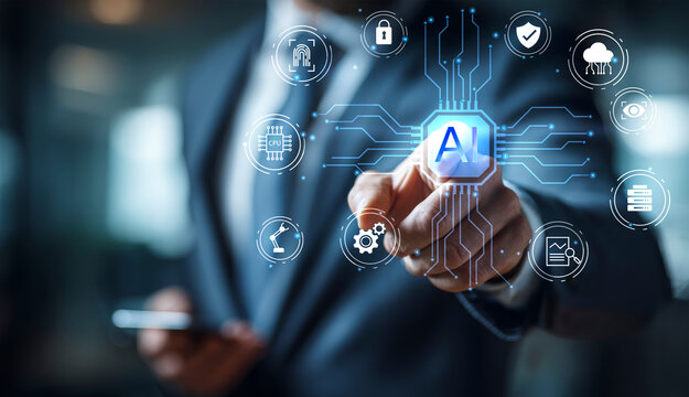 Businessman hand pointing at AI (Artificial Intelligence) on a futuristic digital interface with icons representing automation, data analysis, innovation, and network security.
