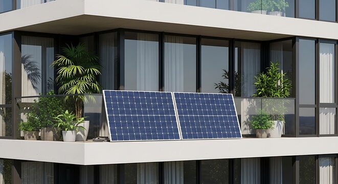 Two Solar Panels on Apartment Balcony with Plants and Glass Railing - Powered by Adobe
