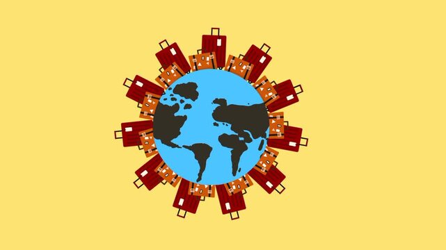 Animated travel luggages circling around a globe with a dynamic motion effect. Playful world travel concept with energetic movement.