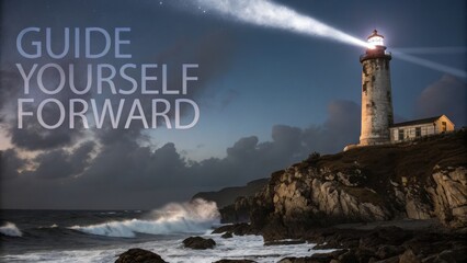 Lighthouse shining its bright beam over stormy ocean waters