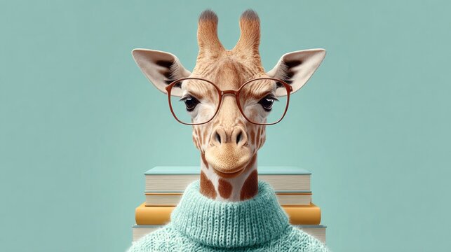 A charming giraffe wearing glasses and a sweater, ready to read some books