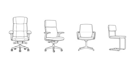 CAD drawings of several office chair designs in front view — cushioned executive, swivel task, minimal modern office, tubular-frame visitor. Vector illustration