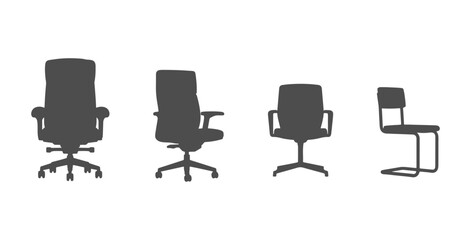 Fototapeta premium CAD drawings of several office chair silhouette designs in front view — cushioned executive, swivel task, minimal modern office, tubular-frame visitor. Vector illustration