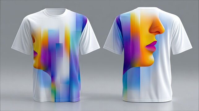 Front and back views of a white t-shirt featuring a vibrant, abstract design of a face integrated with colorful vertical stripes, presented in a studio setting.
