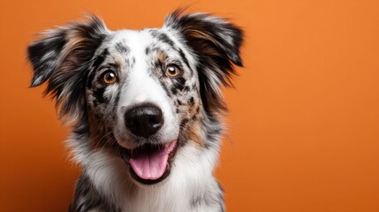 Happy Australian Shepherd dog portrait with orange background
