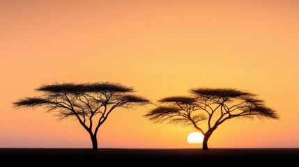 Two acacia trees are silhouetted against a warm, vibrant orange and yellow sunset sky. The sun is partially visible, peeking from behind the branches of the tre