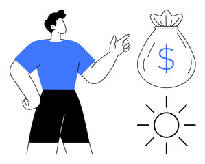 Person pointing to bag with dollar sign and bright sun emphasizes prosperity, finance, success, growth, progress, innovation, and hope. Ideal for economics, motivation investment simple flat