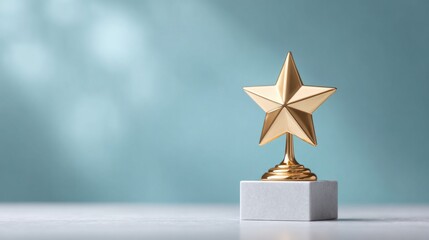 Golden star trophy on a white pedestal against a teal background