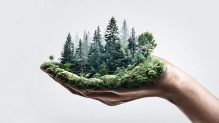 Hand holding a miniature forest, representing nature and environmental concepts