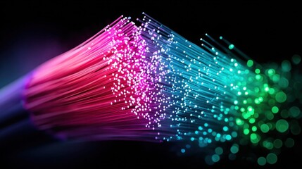 Abstract fiber optic cables with colorful light and data transmission