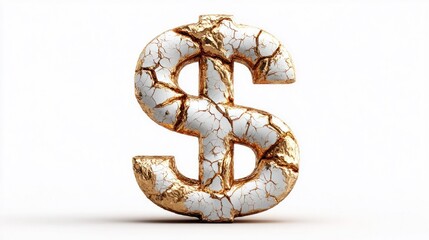 Cracked dollar sign symbol with gold and white textures on a white background
