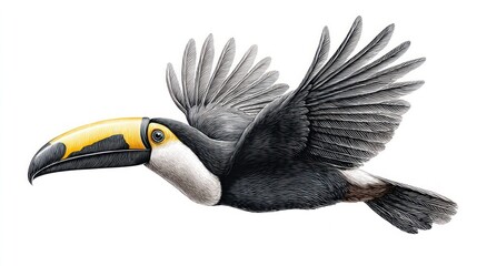Naklejka premium A vibrant illustration of a flying toucan with a large, colorful beak
