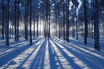 Tall pine trees in snow covered forest with long shadows at sunrise winter
