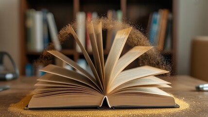 The Power of Knowledge: An Open Book with Sparkle Particles Releasing its Secrets