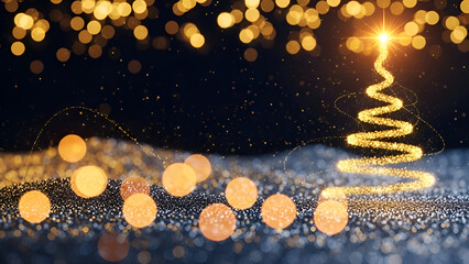 Merry Christmas Happy New Year eve 2026 golden tree sparkle with glowing light swirl shining over festive bokeh in winter night creating magical holiday atmosphere for celebration greeting and seasona