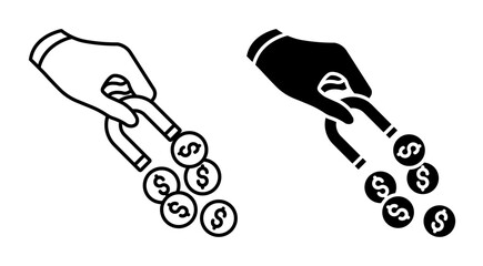 Linear icon. Stock trader hand holding a magnet attracts profits from successful trades. Simple vector isolated on white background
