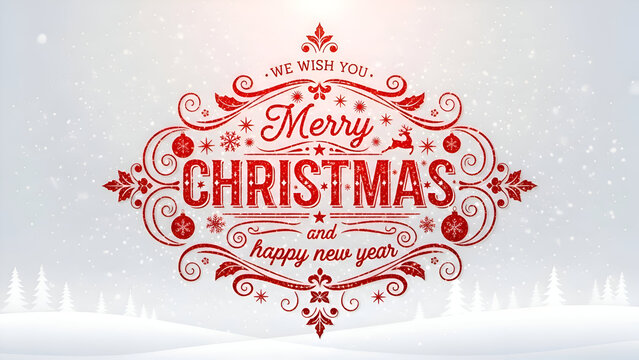 Elegant festive artwork for Merry Christmas Happy New Year eve 2026 displaying decorative red vintage typography with swirling ornaments on snowy winter landscape creating classic holiday greeting 
