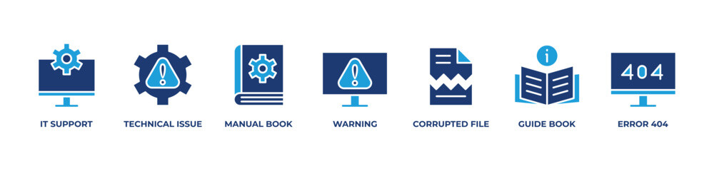 IT Support Solutions Icons set vector illustration blue with It support, Technical issue, Manual book, Warning, Corrupted file, Guide book, Error 404