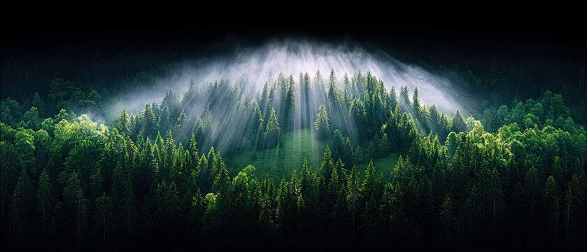 A dense forest of pine trees on a hillside, with dramatic sunbeams and mist creating a mystical atmosphere. The lighting is low and moody, highlighting the text