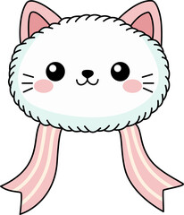 Cute Kawaii White Cat Face with Pink Ears and Ribbon Bow Illustration