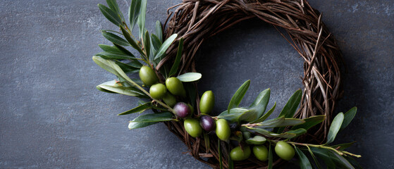 Olive wreath rustic vine bay mediterranean, calm decor accent for kitchen wall or table