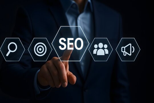 Search engine optimization concept with SEO text and marketing icons on screen