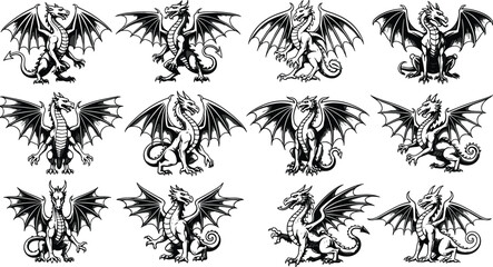Dragon silhouette vector icon set, black heraldic creature designs, tribal fantasy emblems, mythical beast illustrations, medieval-themed graphic collection