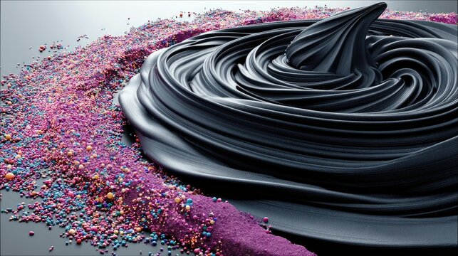 A close-up shot of a swirl of black cosmetic cream or frosting, surrounded by a scattering of colorful sprinkles and purple powder on a dark, reflective surface